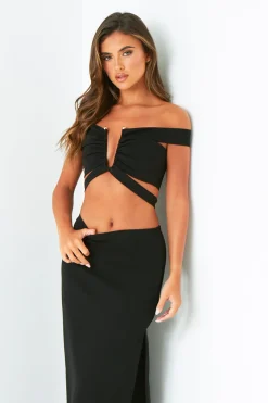 Gigi Black Plunge Cut Out Top With Gold Trim