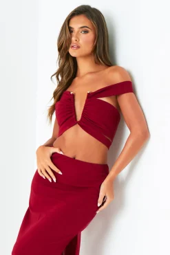 Gigi Wine Plunge Cut Out Top With Gold Trim