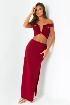 Gigi Wine Plunge Cut Out Top With Gold Trim