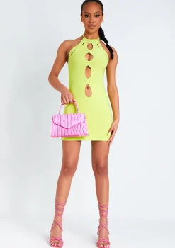 Giselle Lime Cut Out Halter Neck Double Layered Mini Dress