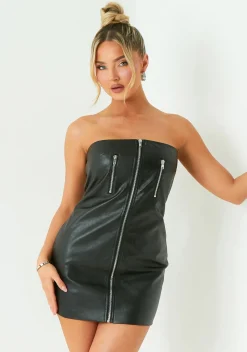 Grace Black Zip Front Faux Leather Mini Dress