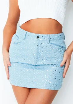 Grace Light Blue Denim Sequin Mini Skirt