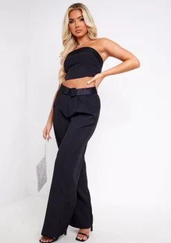 Gracie Black Satin Fold Over Waist Wide Leg Trousers
