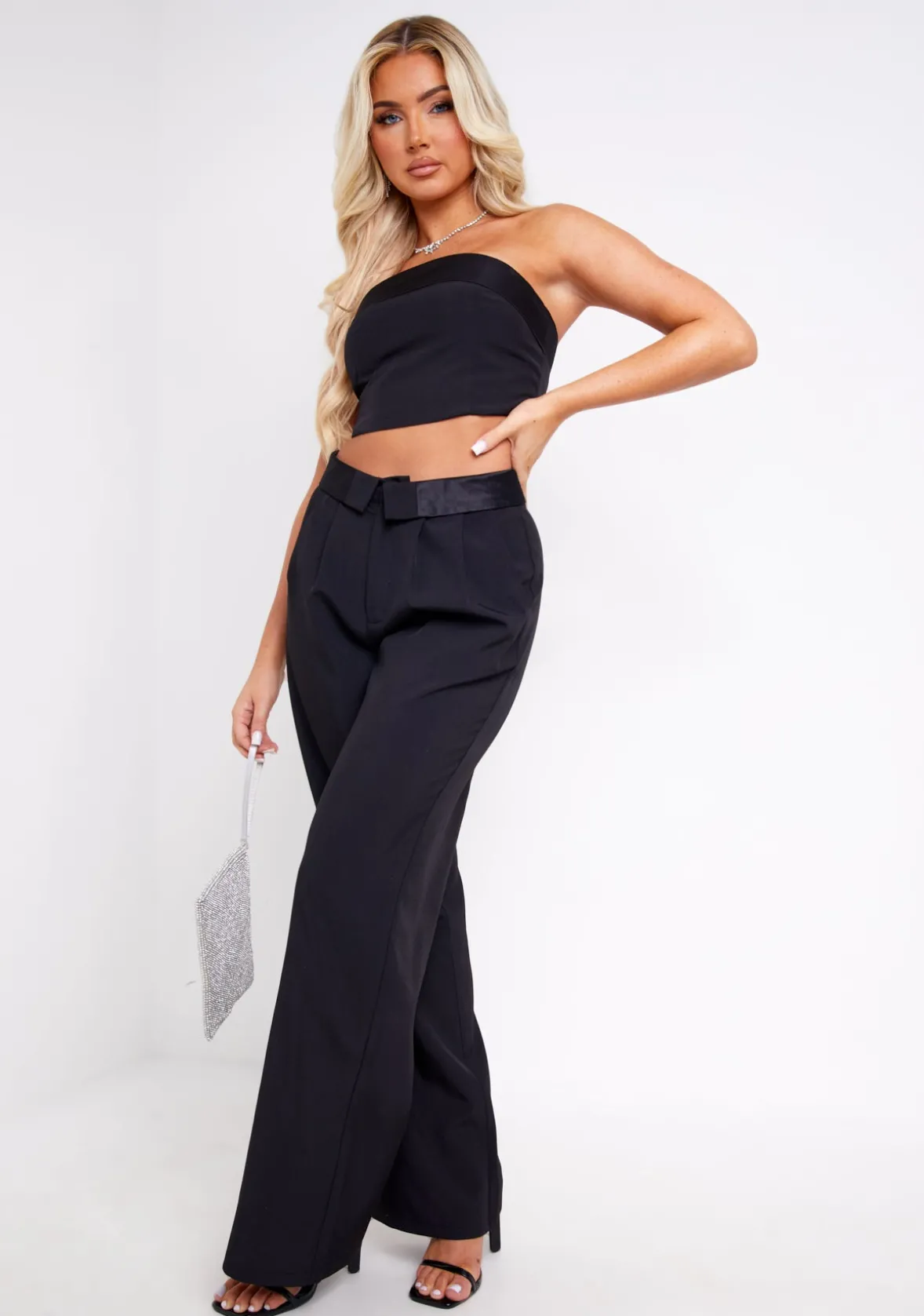 Gracie Black Satin Fold Over Waist Wide Leg Trousers