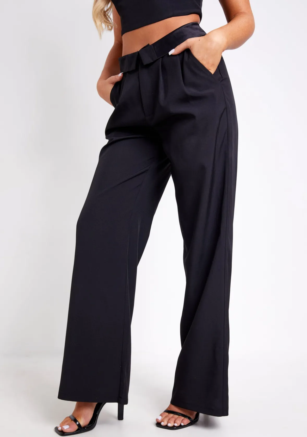 Gracie Black Satin Fold Over Waist Wide Leg Trousers
