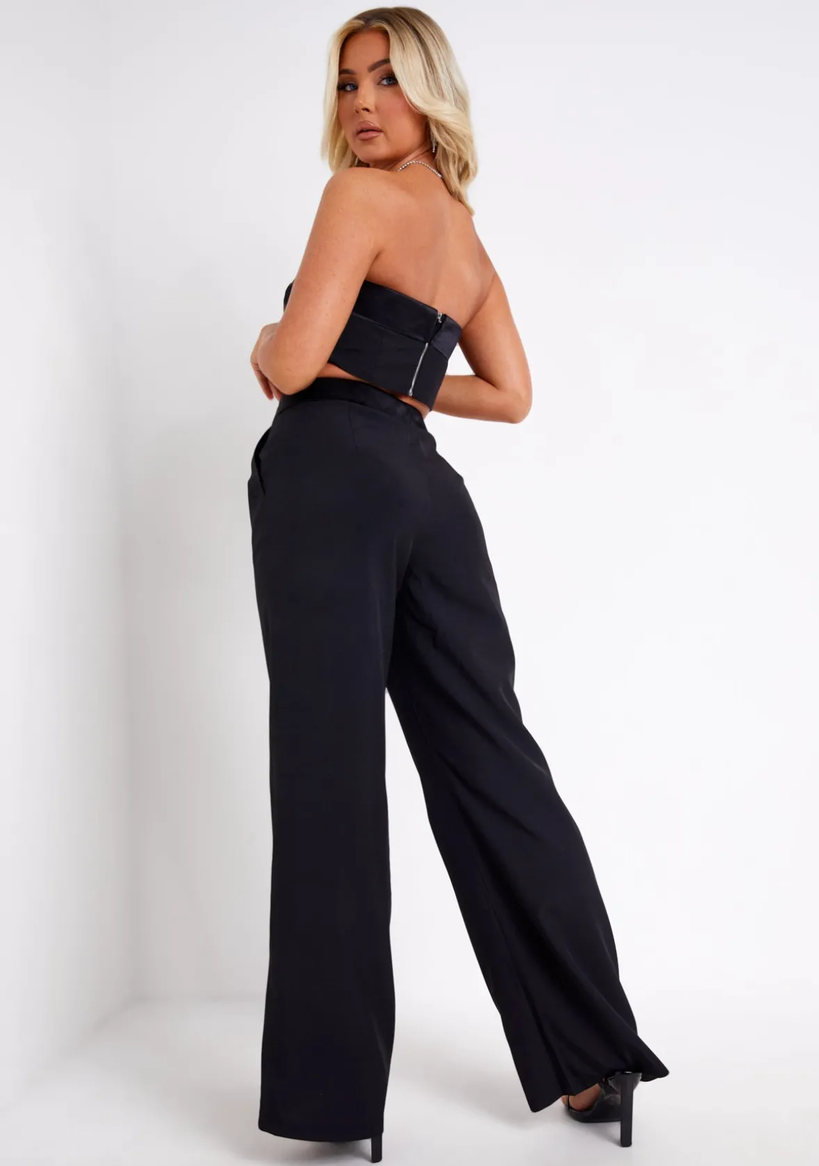 Gracie Black Satin Fold Over Waist Wide Leg Trousers