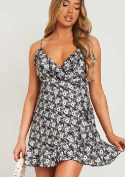 Haila Black Ditsy Floral Wrap Mini Frill Dress