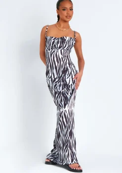 Hannah Zebra Print Satin Lace Up Back Maxi Dress