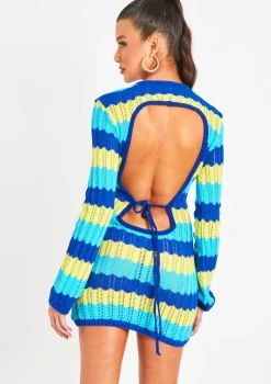 Harleigh Blue Multi Crochet Knit Backless Mini Dress