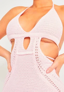 Harley Baby Pink Crochet Knit Halterneck Backless Mini Dress