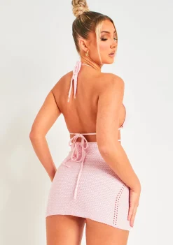 Harley Baby Pink Crochet Knit Halterneck Backless Mini Dress