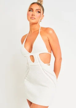 Harley Off White Crochet Knit Halterneck Backless Mini Dress