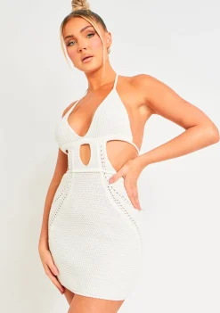 Harley Off White Crochet Knit Halterneck Backless Mini Dress