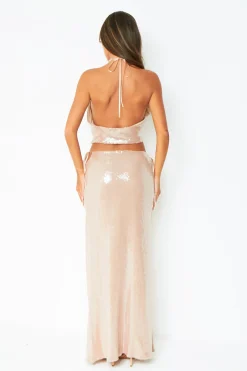 Harlow Champagne Wet Look Cut Out Sequin Maxi Skirt