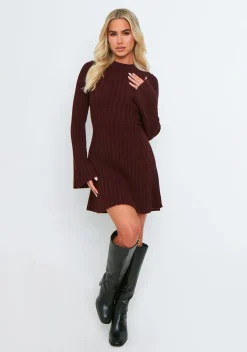 Harper Wine Rib Knit Flare Mini Dress