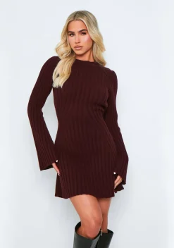Harper Wine Rib Knit Flare Mini Dress