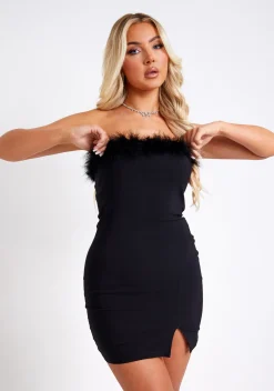Heidi Black Feather Trim Strapless Mini Dress