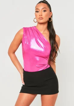 Hiba Pink Metallic One Shoulder Bodysuit