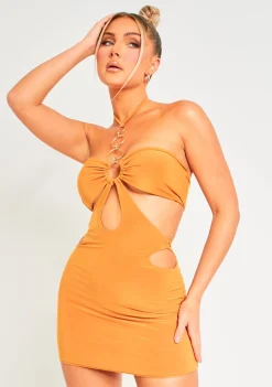 Indie Orange O Ring Halterneck Cut Out Slinky Mini Dress