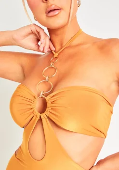 Indie Orange O Ring Halterneck Cut Out Slinky Mini Dress