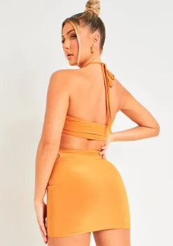 Indie Orange O Ring Halterneck Cut Out Slinky Mini Dress