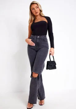 Isla Black One Sleeve Slinky Bodysuit
