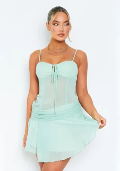 Isobel Sage Strappy Mesh Low Neck Mini Dress