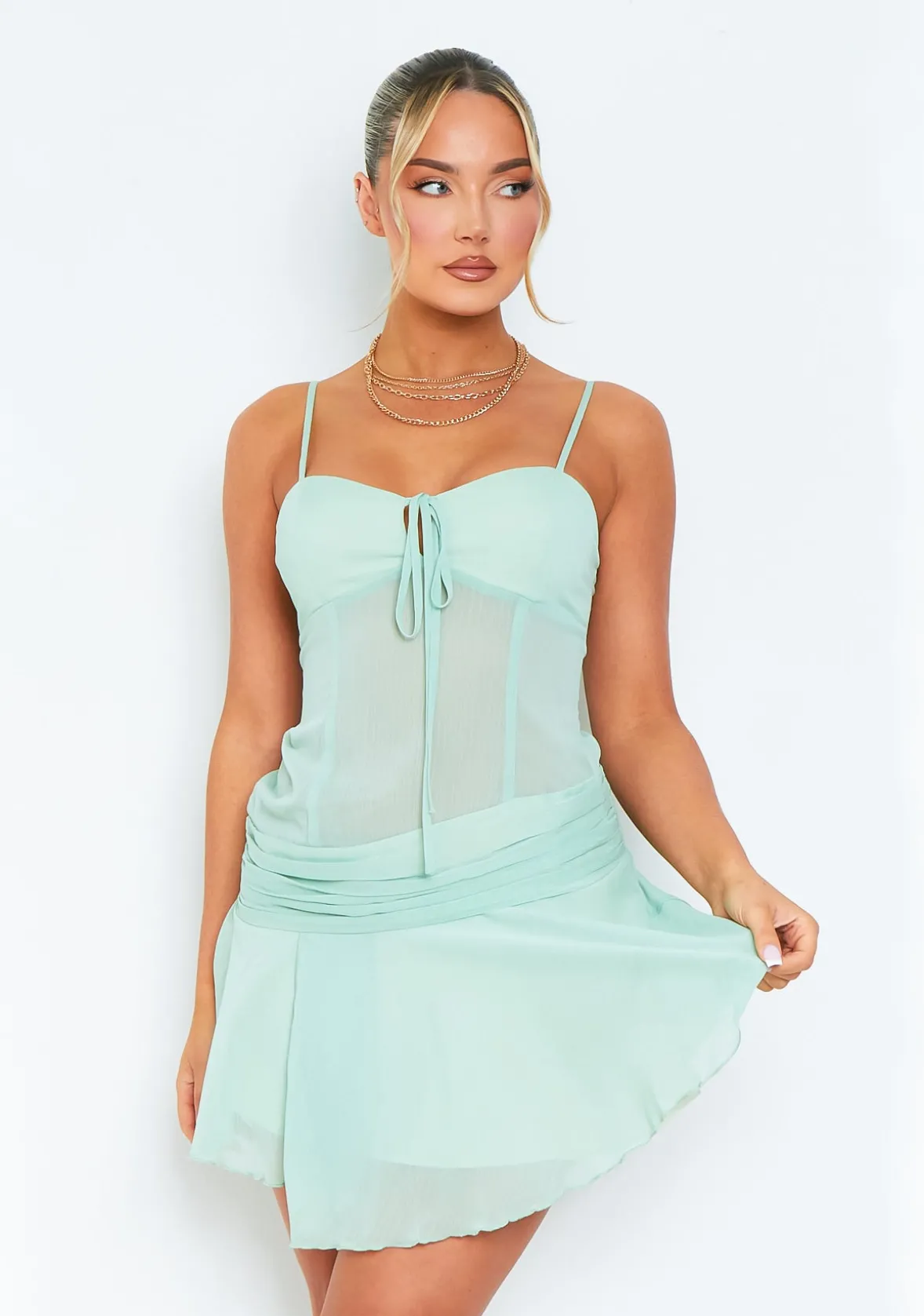 Isobel Sage Strappy Mesh Low Neck Mini Dress