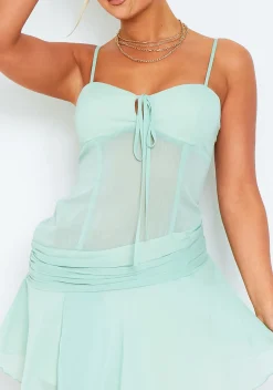 Isobel Sage Strappy Mesh Low Neck Mini Dress