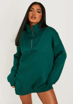 Jamilla Dark Green Ski Paradise Embroidered Half Zip Sweater Dress