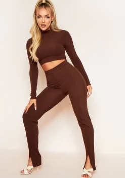 Jaz Chocolate Ribbed Split Front Leggings