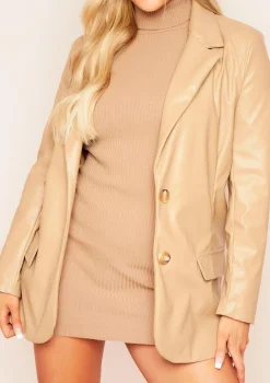 Jess Beige Faux Leather Oversized Blazer