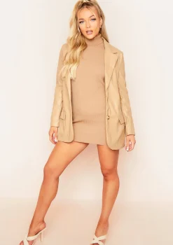 Jess Beige Faux Leather Oversized Blazer