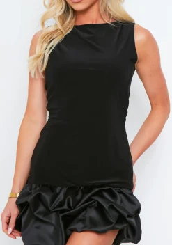 Jess Black Satin Ruffle Hem Dress