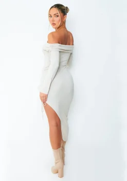 Jessy Beige Fold Over Side Ruched Midi Dress