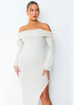 Jessy Beige Fold Over Side Ruched Midi Dress