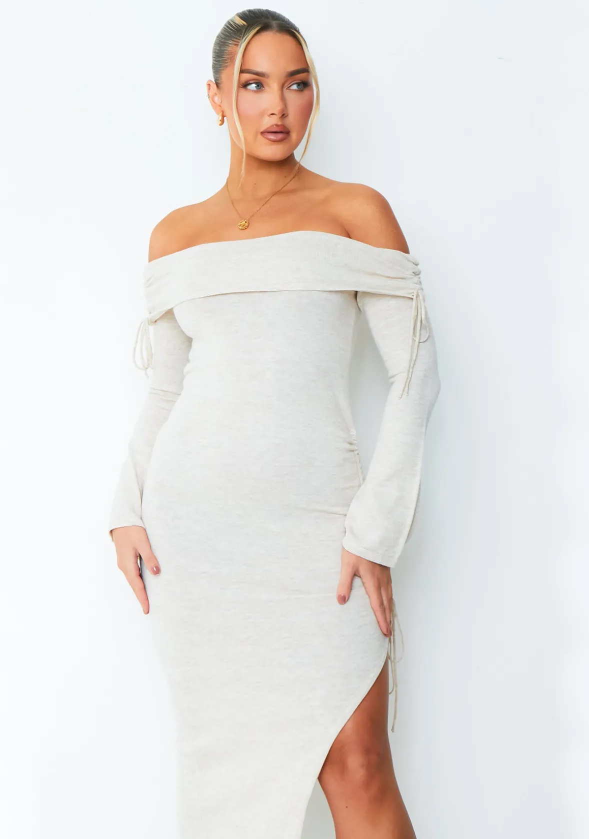 Jessy Beige Fold Over Side Ruched Midi Dress