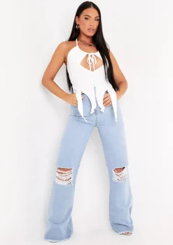 Justine Light Blue Wash Wide Leg Ripped Denim Jeans