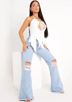Justine Light Blue Wash Wide Leg Ripped Denim Jeans