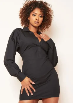 Kacie Black Plunge Mini Shirt Dress
