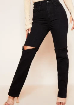 Kady Black Slashed Knee Straight Leg Jeans