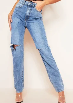 Kady Dark Blue Mid Wash Slashed Knee Straight Leg Jeans