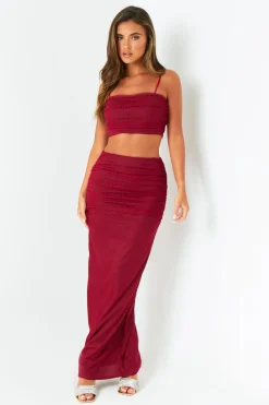 Kaia Wine Spot Mesh Maxi Skirt