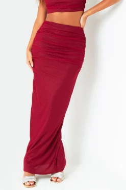 Kaia Wine Spot Mesh Maxi Skirt