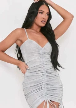 Kalia Silver Glitter Ruched Mini Dress
