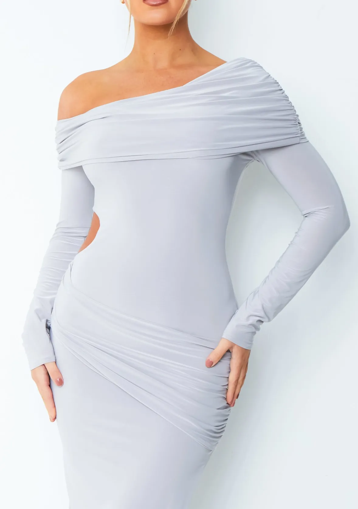 Kate Grey Off The Shoulder Fold Over Cut Out Maxi Dress