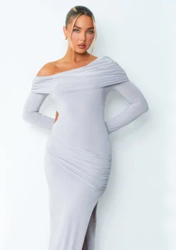 Kate Grey Off The Shoulder Fold Over Cut Out Maxi Dress