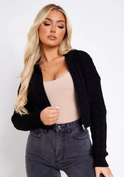 Kendra Black Cable Knit Zip Through Hooded Jacket