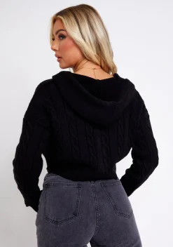 Kendra Black Cable Knit Zip Through Hooded Jacket