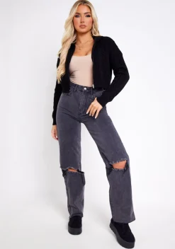Kendra Black Cable Knit Zip Through Hooded Jacket
